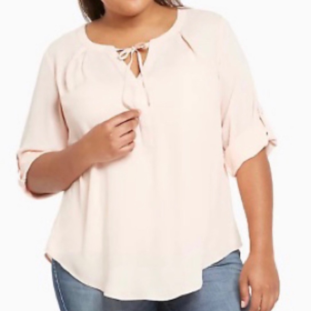 Torrid Georgette Tie Neck Top Blush 3/4 Length Sleeve Blouse NWT Plus size